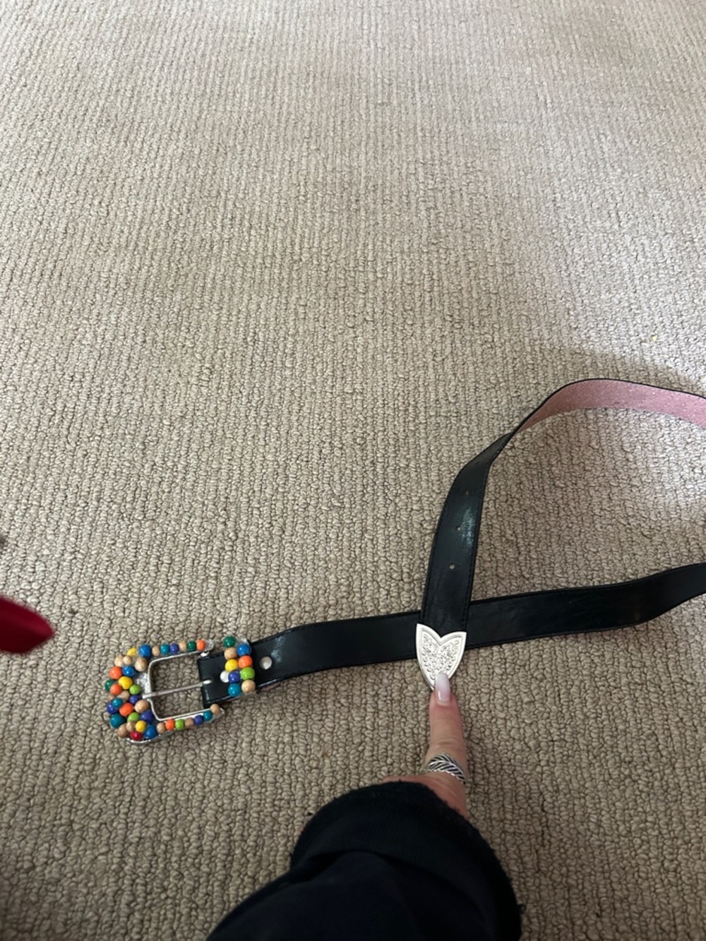 Black Leather Belt with Colorful Beaded Buckle